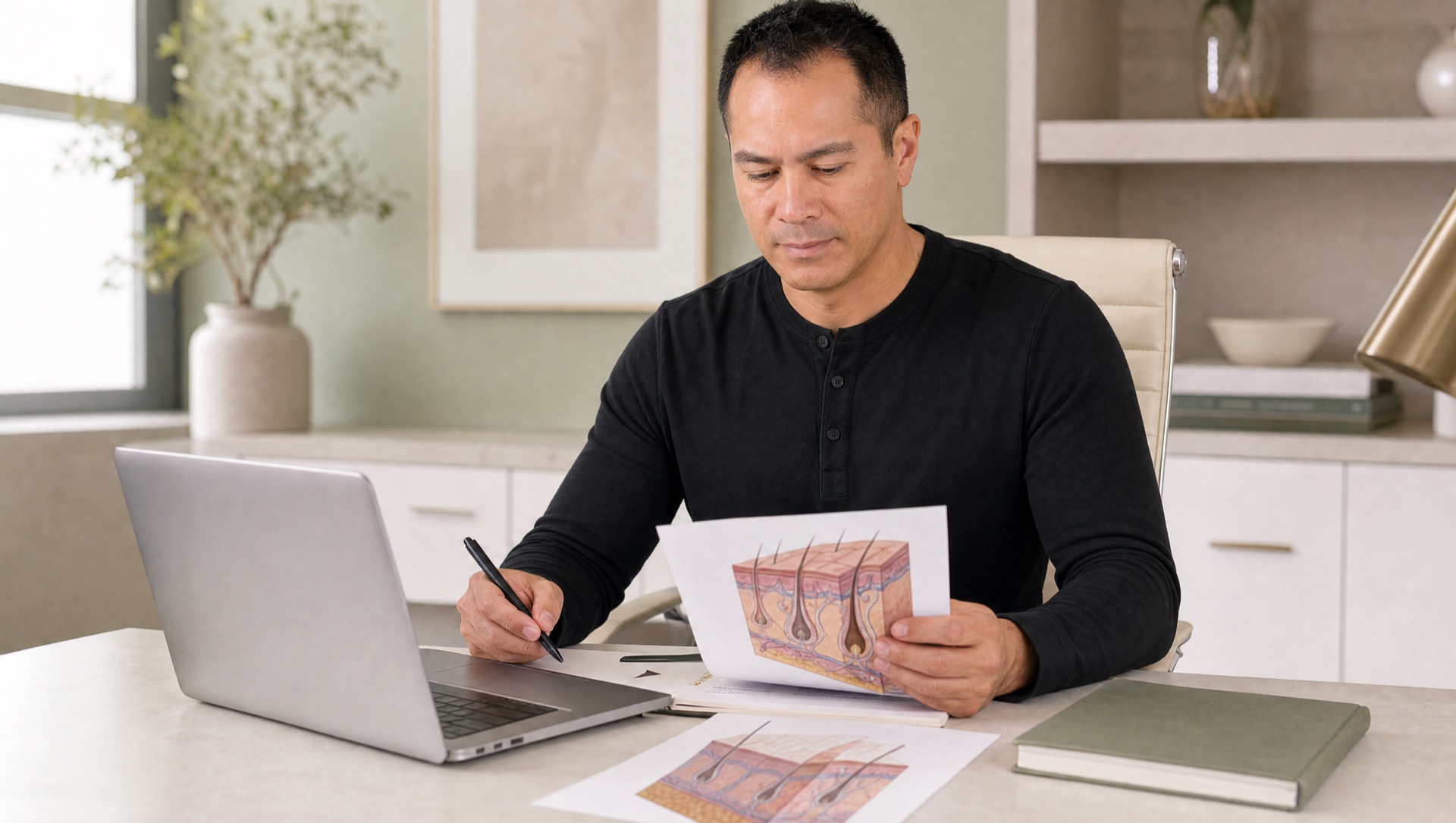 Dr. Castillo reviewing educational aesthetic medicine notes at a refined desk