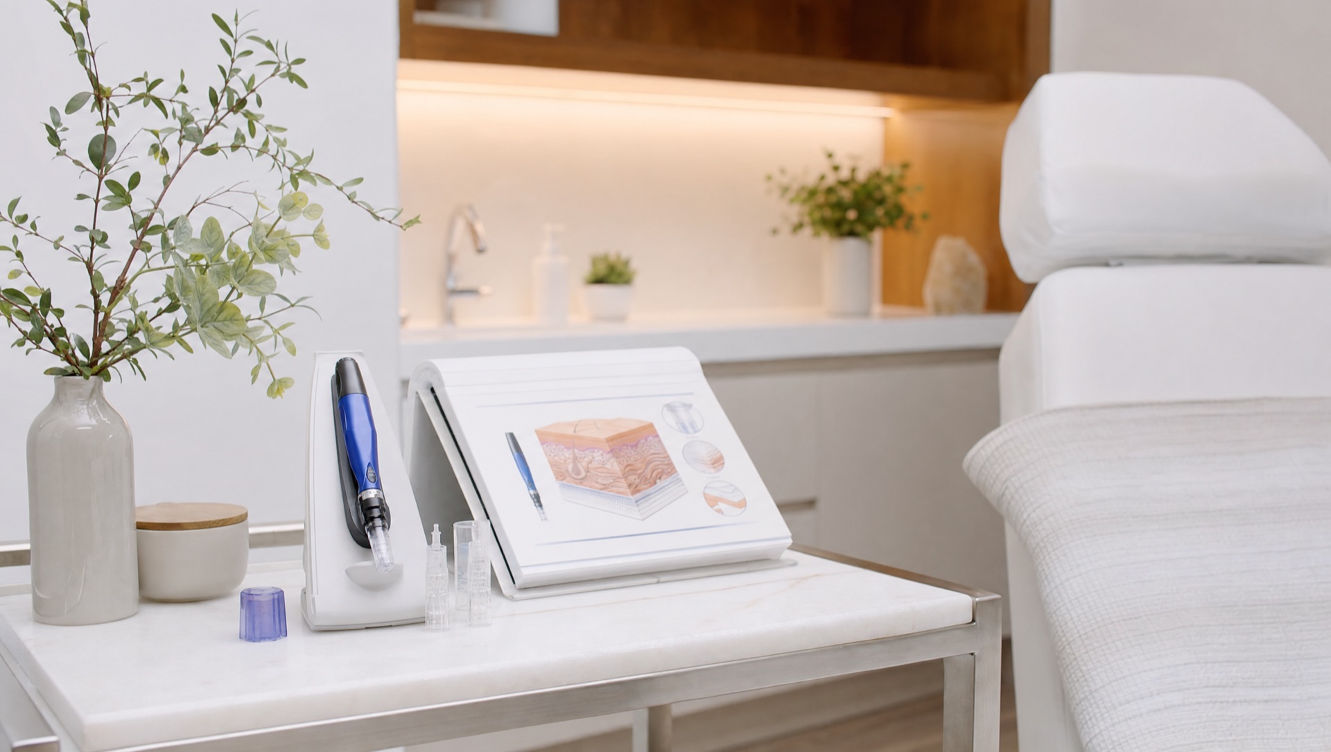 SkinPen and microneedling education materials in a clean medical aesthetic treatment room