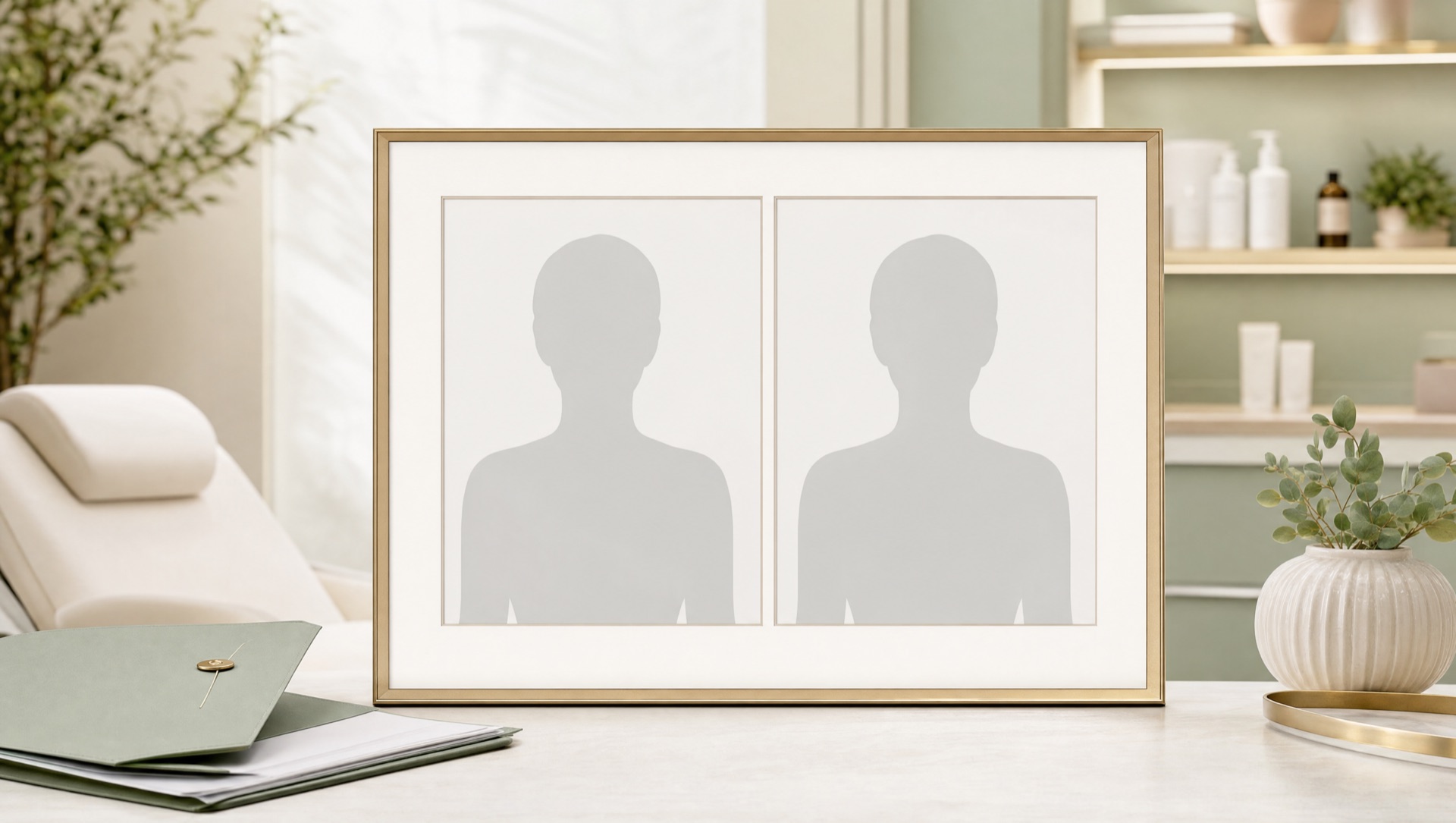 Neutral before and after placeholder frames with no patient photos